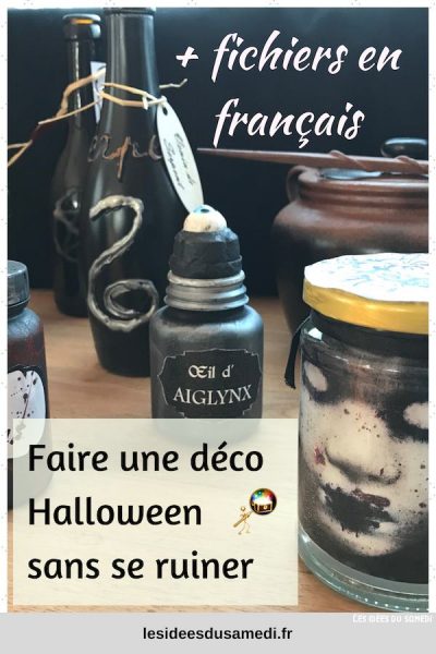 décoration d'Halloween maison avec des pots et bouteilles de potions en recup 
