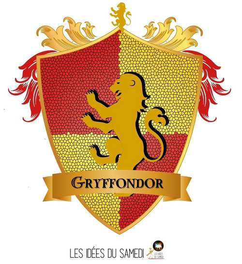 blason gryffondor  en français créé par les idées du samedi avec un lion entier sur fond rouge et or