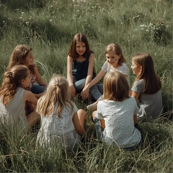 filles dans une prairie qui jouent à la vache qui tache