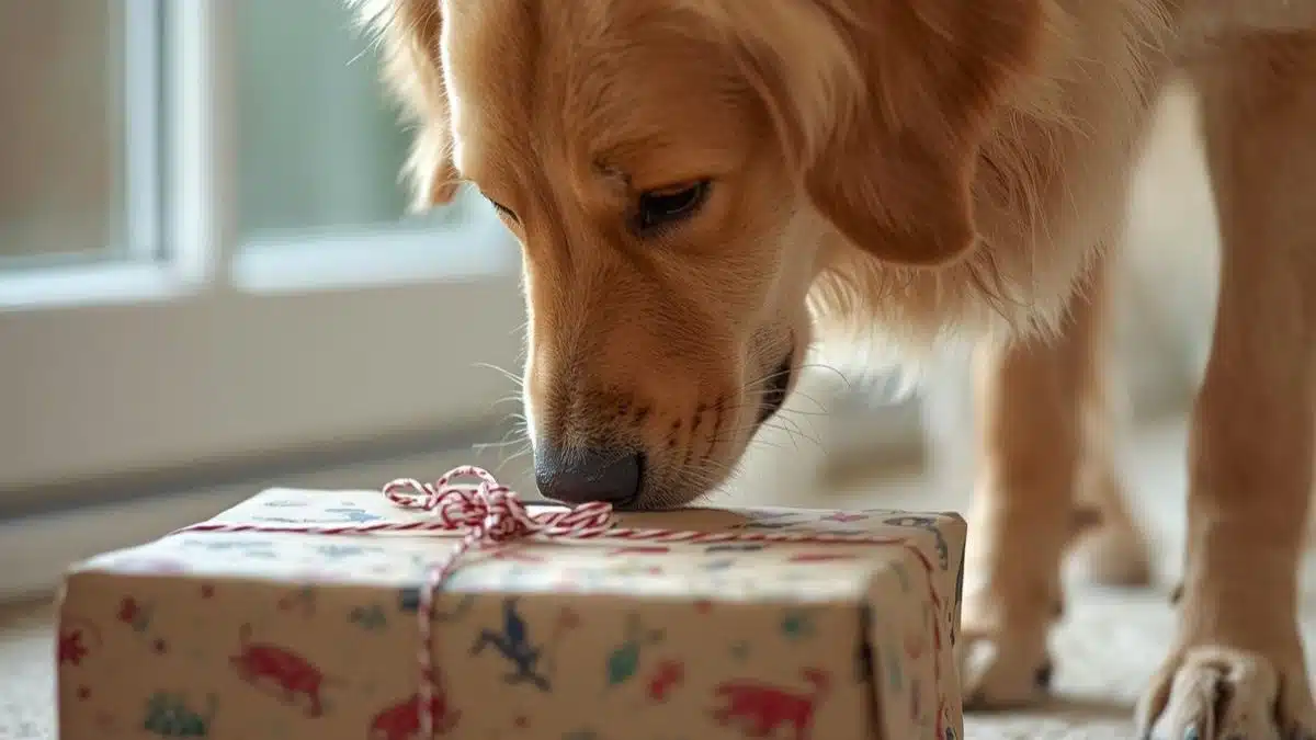 chien renifle un cadeau de noel