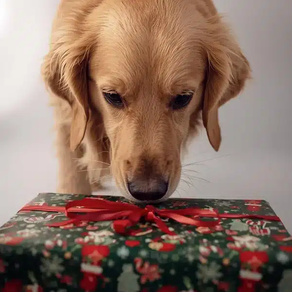 chien ouvre cadeau noel