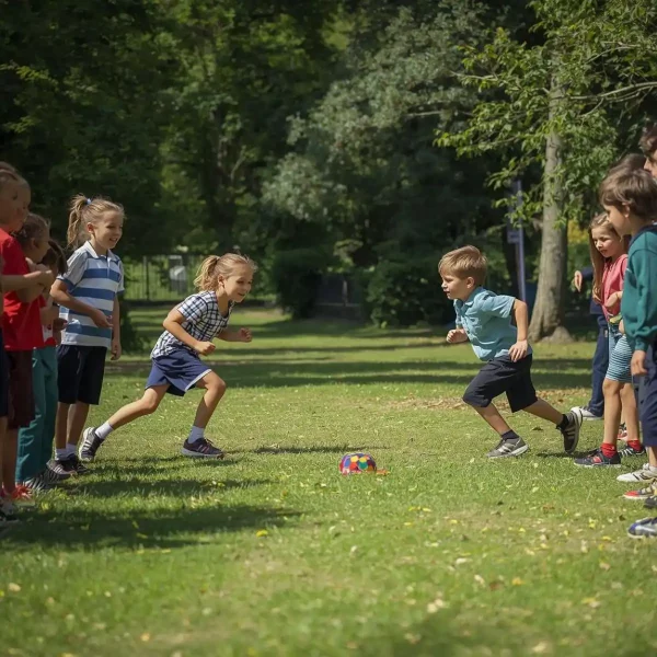 enfants courent vers une casquette posée dans l'herbe pour le jeu du béret