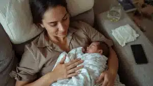 maman fatiguée avec son bébé endormi sur elle