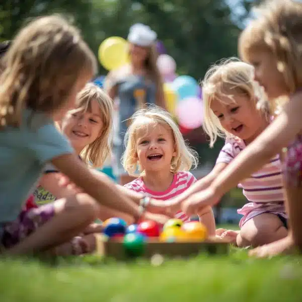 enfants jouant à un anniversaire de maternelle