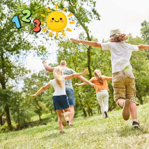 famille d'enfants d'ages différents jouent à 123 soleil