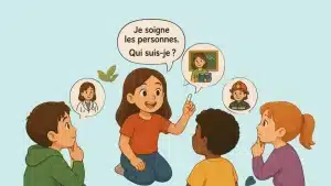 enfants jouant aux devinettes sur les métiers