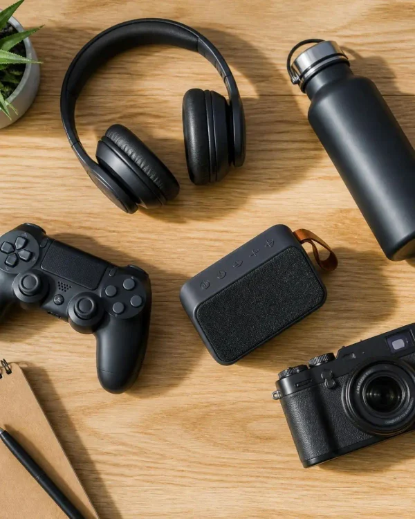 idées cadeaux pour un garçon adolescent posées en flatlay sur une table en bois