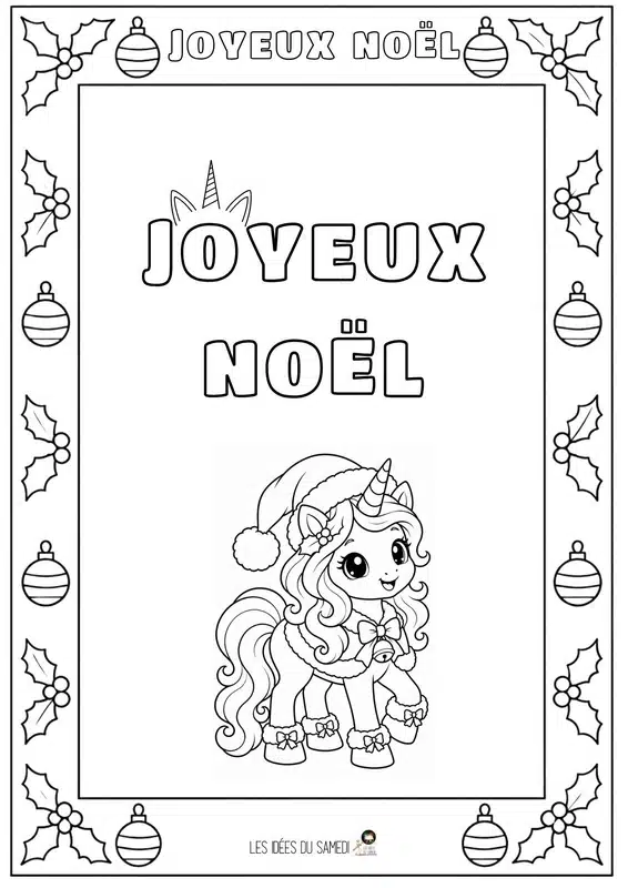 carte joyeux noel motif licorne à imprimer