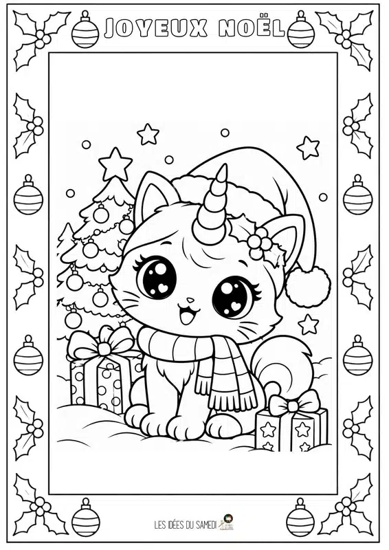 coloriage de chat licorne kawaii de Noël