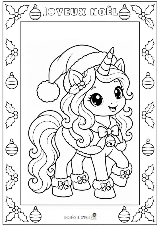 coloriage licorne bonne pere noel