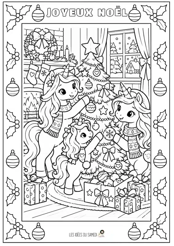 dessin à colorier de famille licorne decorant le sapin de noel