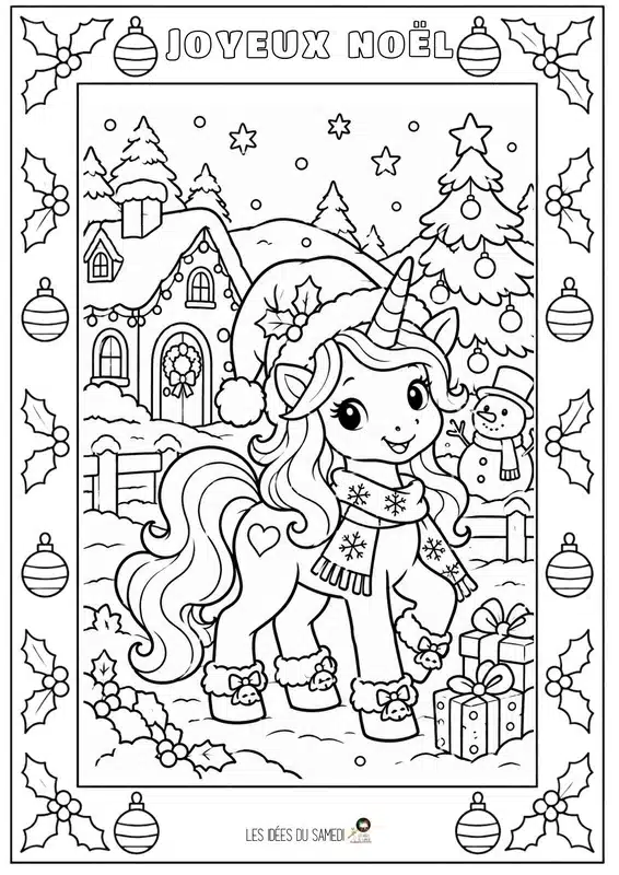 coloriage 6 ans de licorne avec bonnet et sapin de noel