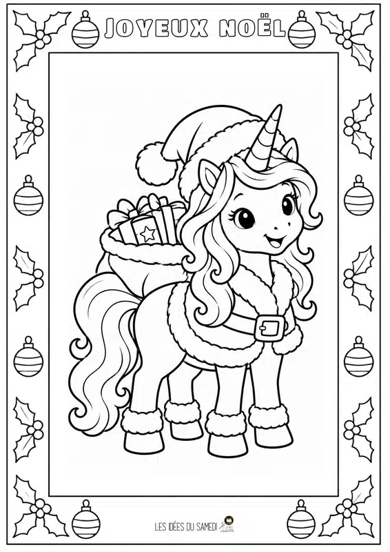 coloriage facile de licorne avec déguisement de Noël, hotte avec cadeaux