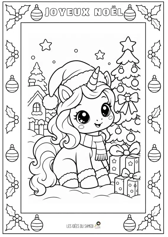 dessin de licorne kawaii à colorier avec un bonne et Noël