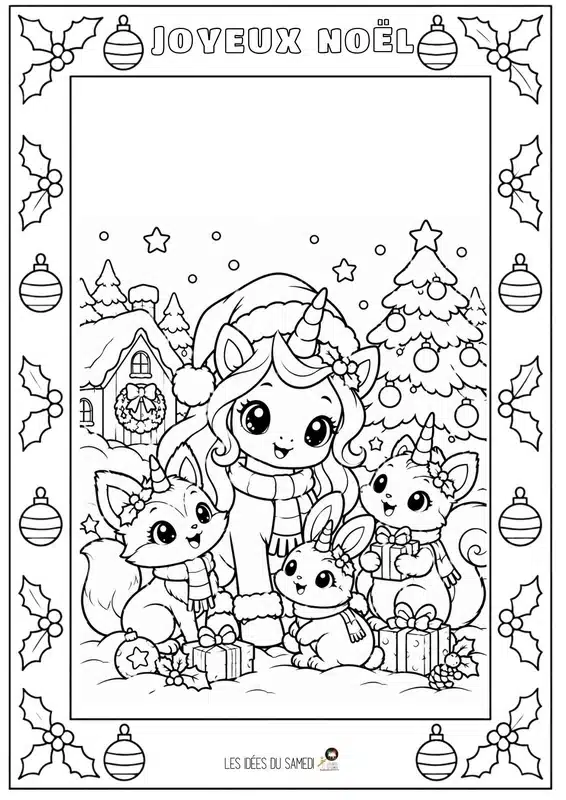 coloriage facile de licorne de noel avec ses amis animaux magiques