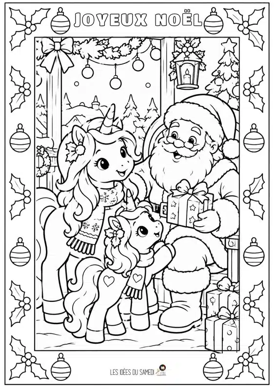 coloriage 10 ans licorne avec le pere noel