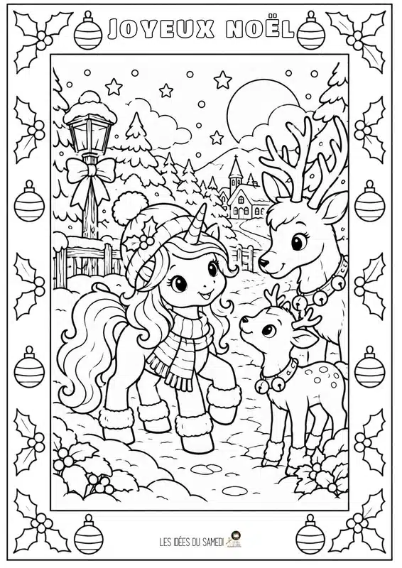 coloaige 10 ans licorne avec les rennes du pere noel