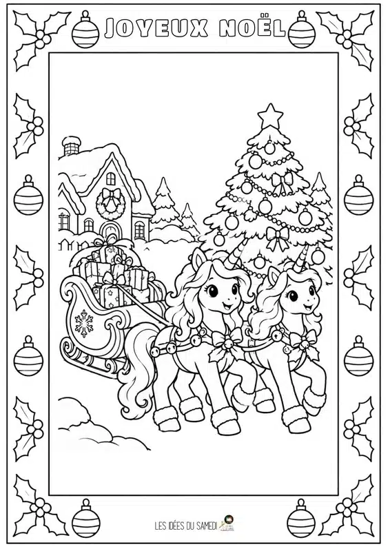 coloriage 7 ans de licornes avec le traineau de noel