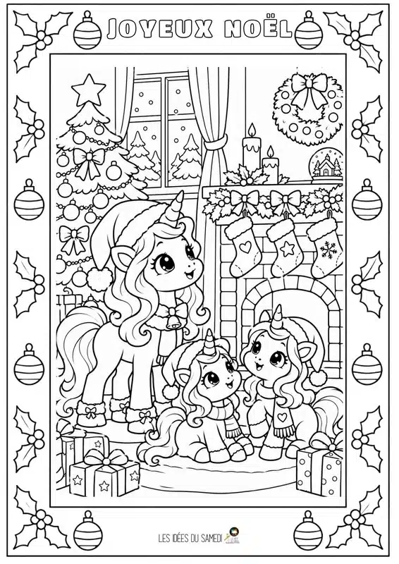 coloriage moyen de licornes attendant le pere noel