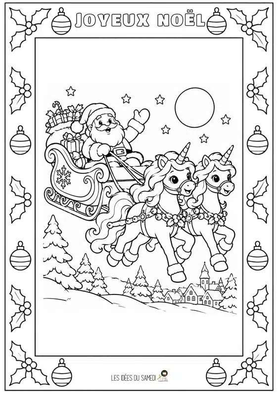 coloriage 8 ans de licornes tirant le traineau du pere noel