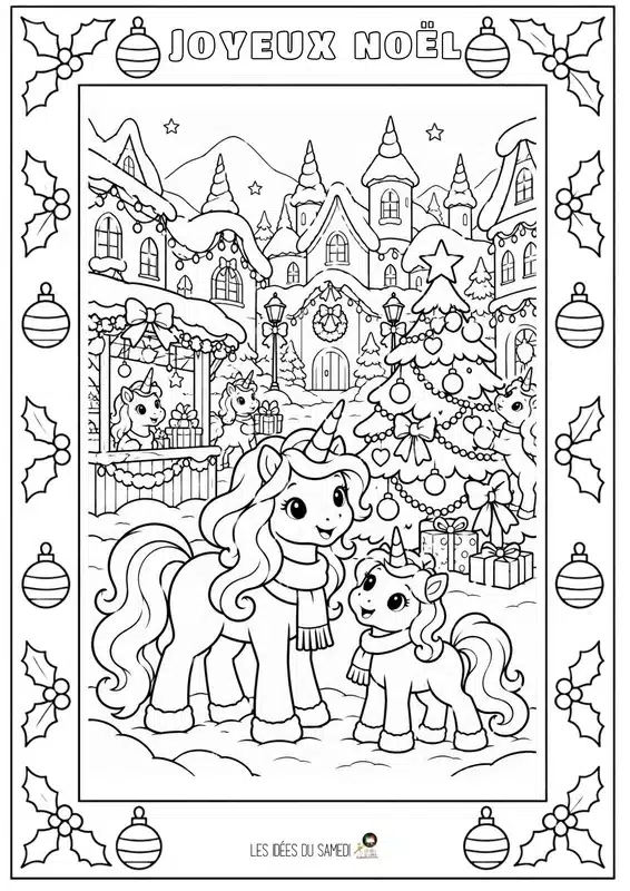 coloriage 8 ans maman licorne et son bébé dans le village décoré pour noel